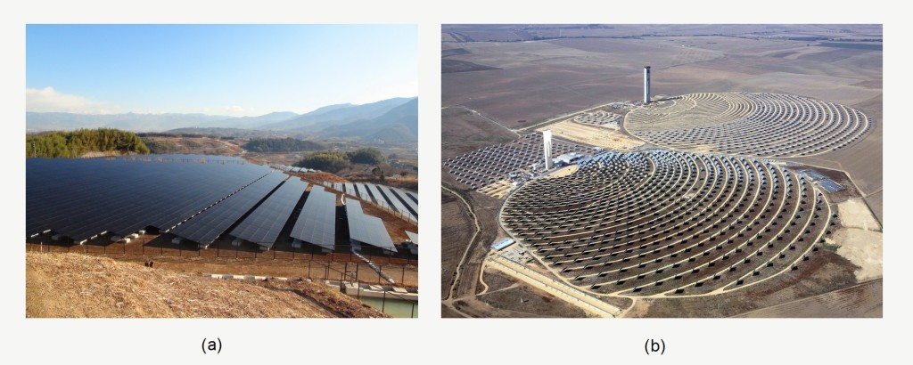 Fig. 2. (a) The 10 MW PV power plant in Mount Komekura, Japan [9], (b) PS10 (front) and PS20 (back) CSPs near Seville, Andalusia, Spain [10]